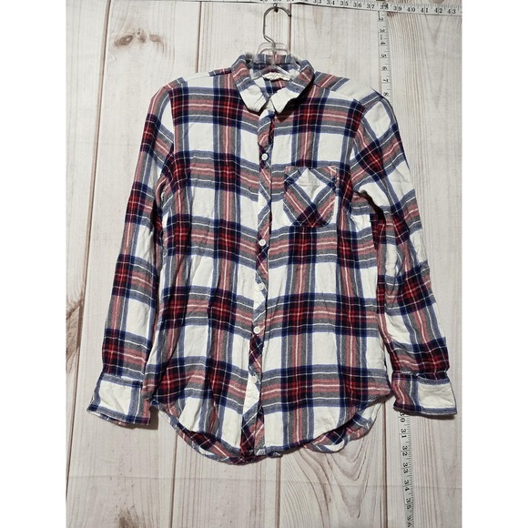 BeachLunchLounge Shirt Womens XS Red Blue White Plaid Flannel Button Down Soft - Picture 1 of 8